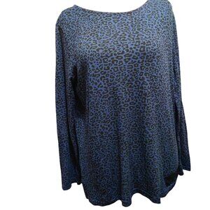 Mario Serrani Italy L Blue Black Leopard Print Long Sleeve Soft Knit Blouse Top